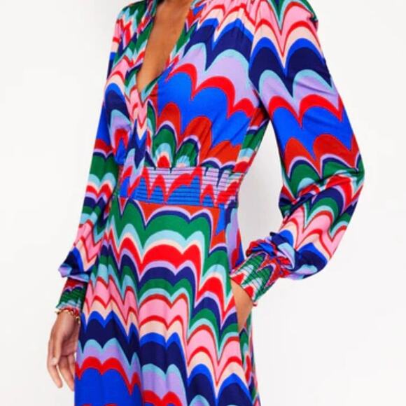 Boden NEW Smocked Ivy Midi Dress Womens Size 2 2R Abstract Wave Colorful Pockets - Picture 4 of 12